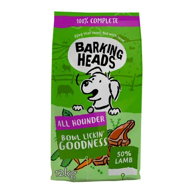 Barking Heads All Hounder dry food, 12kg bag, labelled 100% complete, bowl lickin' goodness, contains 50% lamb.