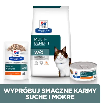 Hill's Prescription Diet Multi-Benefit w/d dla kotów: opakowanie suchej karmy, saszetka i puszka. Napis: Wypróbuj smaczne karmy suche i mokre.