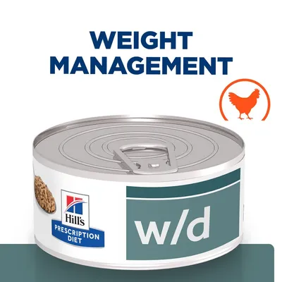 Canned food labelled w/d for weight management, with a chicken icon and Hill's Prescription Diet branding visible.