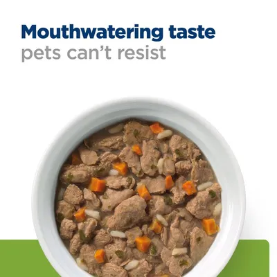 Bowl of chunky wet pet food with carrots and rice, accompanied by the text: Mouthwatering taste pets can’t resist.