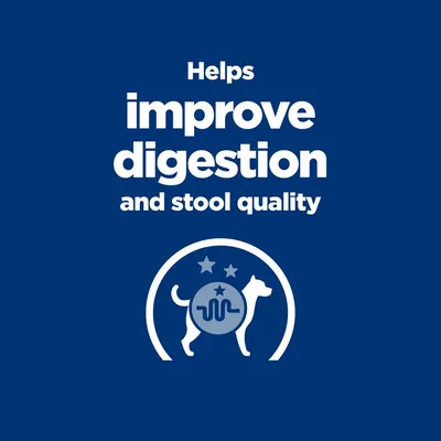 Helps improve digestion and stool quality felirat, stilizált kutya szimbólummal. Az angol szöveg a termék emésztést és székletminőséget javító tulajdonságát hangsúlyozza.