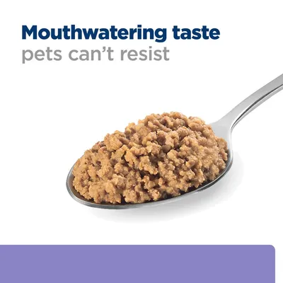 Mouthwatering taste pets can't resist szöveg, alatta kanálban barna állateledel látható. A szöveg angol nyelvű.