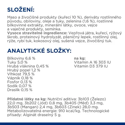 Zloženie: kuracie 10 %, rastlinné deriváty, obiloviny, oleje, zelenina 1,6 %, vajcia. Analytické zložky: bielkoviny 6,6 %, tuky 5 %, vláknina 0,45 %, vlhkosť 79,5 %. Prídavné látky a vitamíny.