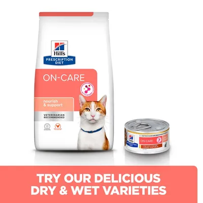 Hill's Prescription Diet ON-CARE dry food bag and wet food can with text: Try our delicious dry & wet varieties. Nourish & support. Veterinarian recommended.