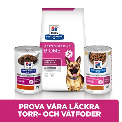 Hill's Prescription Diet Gastrointestinal Biome torr- och våtfoder för hund, synliga burkar och påse. Text: Prova våra läckra torr- och våtfoder.
