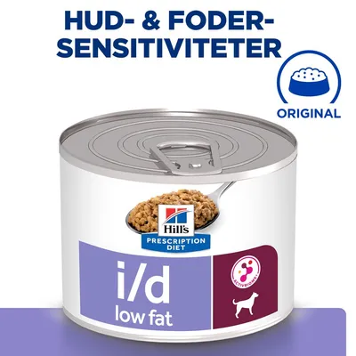 Hill's Prescription Diet i/d low fat dåsefoder med tekst: HUD- & FODER-SENSITIVITETER, ORIGINAL. Billede af foder på ske og ikon med hund og ActivBiome+ symbol.