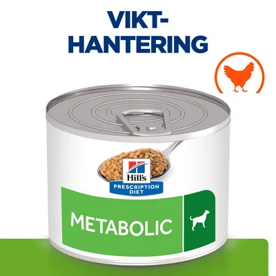 Hill's Prescription Diet Metabolic våtfoder för hund, vikt-hantering, bild av kyckling och burk med grön etikett. Text: METABOLIC.