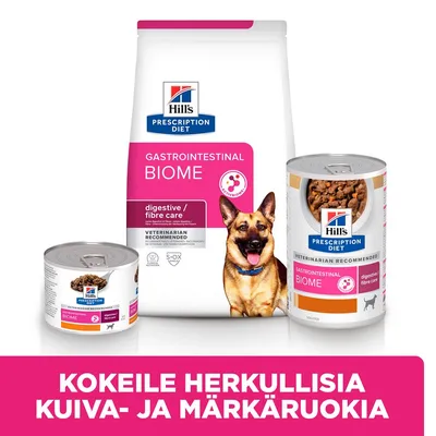 Hill's Prescription Diet Gastrointestinal Biome -koiranruokaa: iso kuivaruokapakkaus ja kaksi märkäruokapurkkia. Teksti: Kokeile herkullisia kuiva- ja märkäruokia.