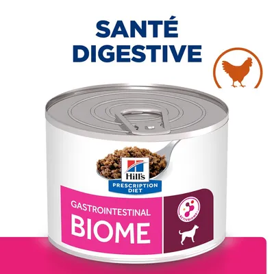Boîte Hill's Prescription Diet Gastrointestinal Biome pour chien, texte visible : SANTÉ DIGESTIVE, illustration poulet, logo ACTIVBIOME+ et image de pâtée sur une cuillère.