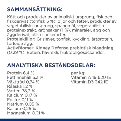 Sammansättning: kött, animaliska produkter, fisk (tonfisk 5 %), oljor, spannmål, grönsaker (1 %), mineraler. Analytiska beståndsdelar: protein 6,4 %, fett 5,3 %, vatten 78,3 %.