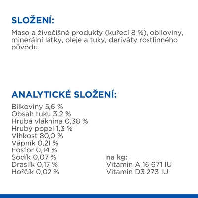 Složení: maso a živočišné produkty (kuřecí 8 %), obiloviny, minerální látky, oleje a tuky, deriváty rostlinného původu. Analytické složení: bílkoviny 5,6 %, tuk 3,2 %, vláknina 0,38 %, popel 1,3 %, vlhkost 80 %, vápník 0,21 %, fosfor 0,14 %, sodík 0,07 %, draslík 0,17 %, hořčík 0,02 %. Na kg: vitamin A 16 671 IU, vitamin D3 273 IU.