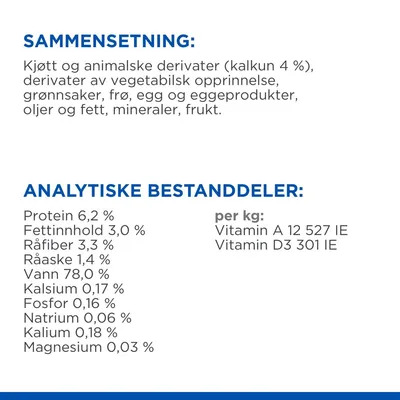 Text på norska: Sammensetning med kött och animaliska derivater (kalkon 4 %), vegetabiliska ingredienser, grönsaker, frö, ägg, oljor, mineraler, frukt. Analys: protein 6,2 %, fett 3 %, fiber 3,3 %, vatten 78 %, vitamin A 12 527 IE/kg, D3 301 IE/kg.