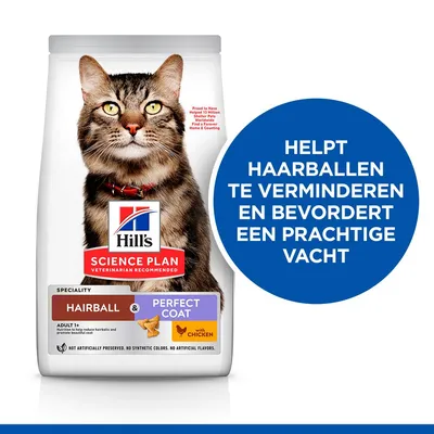 Hill's Science Plan Hairball & Perfect Coat Adult 1+ met kip. Helpt haarballen te verminderen en bevordert een prachtige vacht. Op de verpakking staat een afbeelding van een kat.