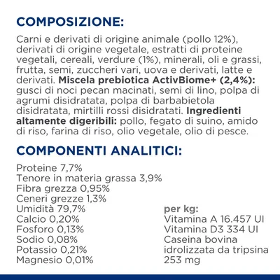 Composizione: carni e derivati (pollo 12%), cereali, verdure (1%), miscela prebiotica ActivBiome+ (2,4%), ingredienti altamente digeribili. Componenti analitici: proteine 7,7%, grassi 3,9%.