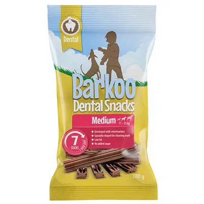 Barkoo Dental Snacks Medium 11–25 kg, 7 sticks, 180 g. Texto visible: desarrollado con veterinarios, forma especial para limpiar dientes, bajo en grasa, sin azúcar añadido.