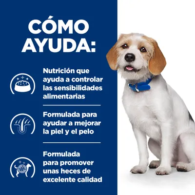 CÓMO AYUDA: Nutrición que ayuda a controlar las sensibilidades alimentarias. Formulada para ayudar a mejorar la piel y el pelo. Formulada para promover unas heces de excelente calidad.