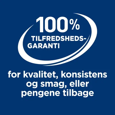 100 % tilfredshedsgaranti for kvalitet, konsistens og smag, eller pengene tilbage