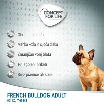 Concept for Life French Bulldog Adult od 12. meseca. Ohranjanje mišic, mehka koža in sijoča dlaka, zmanjšan vonj blata, prilagojeni briketi, brez pšenice ali soje. Concept for Life French Bulldog Adult od 12. meseca. Ohranjanje mišic, mehka koža in sijoča dlaka, zmanjšan vonj blata, prilagojeni briketi, brez pšenice ali soje.