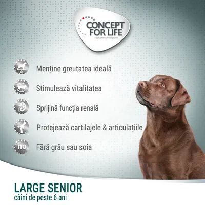 Concept for Life Large Senior câini de peste 6 ani. Menține greutatea ideală, stimulează vitalitatea, sprijină funcția renală, protejează cartilajele și articulațiile, fără grâu sau soia.
