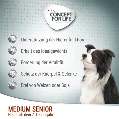Concept for Life Medium Senior, Hunde ab dem 7. Lebensjahr: Unterstützung der Nierenfunktion, Erhalt des Idealgewichts, Förderung der Vitalität, Schutz der Knorpel & Gelenke, frei von Weizen oder Soja.