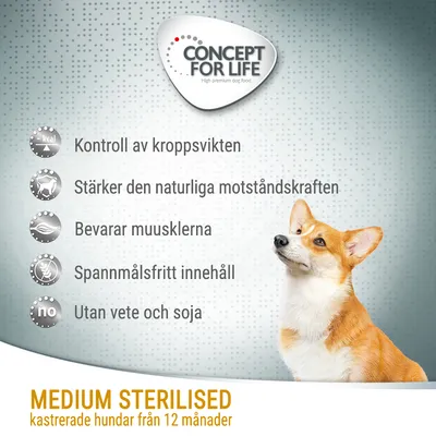 Concept for Life. Kontroll av kroppsvikten, stärker den naturliga motståndskraften, bevarar musklerna, spannmålsfritt innehåll, utan vete och soja. Medium Sterilised kastrerade hundar från 12 månader.