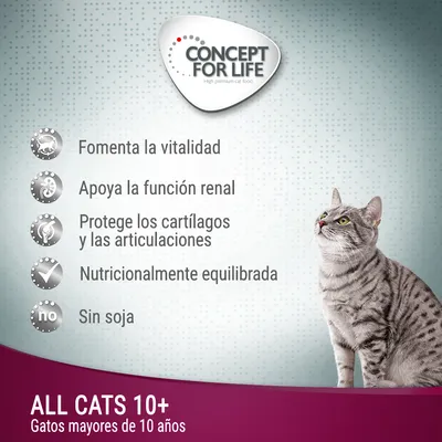 Concept for Life. Fomenta la vitalidad, apoya la función renal, protege los cartílagos y las articulaciones, nutricionalmente equilibrada, sin soja. ALL CATS 10+, gatos mayores de 10 años.