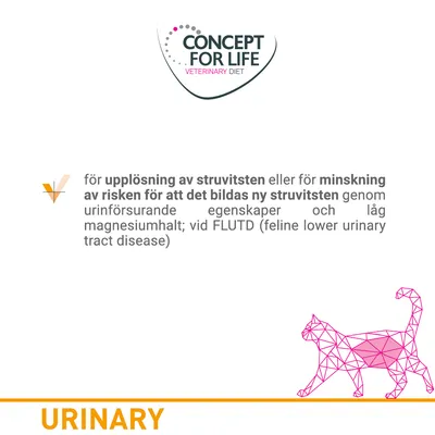 Concept for Life Veterinary Diet. För upplösning av struvitsten eller minskning av risken för att det bildas ny struvitsten; urinförsurande egenskaper, låg magnesiumhalt; vid FLUTD.