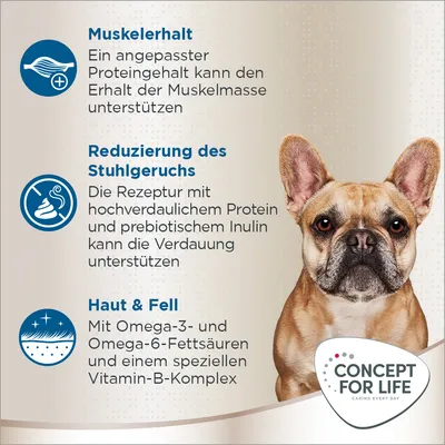 Concept for Life. Vorteile: Muskelerhalt durch angepassten Proteingehalt, Reduzierung des Stuhlgeruchs durch hochverdauliches Protein und Inulin, Haut & Fell durch Omega-Fettsäuren und Vitamin-B-Komplex.
