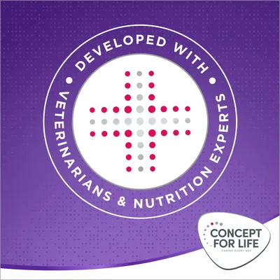 Texte en anglais : Developed with veterinarians & nutrition experts. Logo Concept for Life Caring every day.