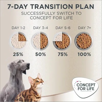7-day transition plan for Concept for Life: Day 1–2 25%, Day 3–4 50%, Day 5–6 75%, Day 7+ 100%. Includes images of a dog, a cat, and the Concept for Life brand logo.