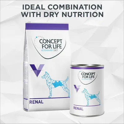 Concept for Life Veterinary Diet Renal dry food bag and wet food tin with geometric dog design, text: Ideal combination with dry nutrition
