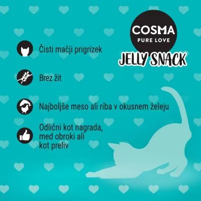COSMA PURE LOVE JELLY SNACK. Čisti mačji prigrizek, brez žit, najboljše meso ali riba v okusnem želeju, odlični kot nagrada, med obroki ali kot preliv.