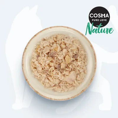Cosma Pure Love Nature. Schüssel mit zerkleinertem Fleisch und natürlichen Zutaten.