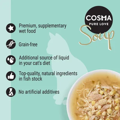 Premium supplementary wet food, grain-free, provides extra liquid, made with top-quality natural ingredients in fish stock, contains no artificial additives.