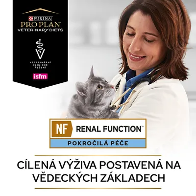 Purina Pro Plan Veterinary Diets, NF Renal Function, Pokročilá péče. Cílená výživa postavená na vědeckých základech. Veterinární klinické řešení, isfm. Kočka v náručí veterináře.