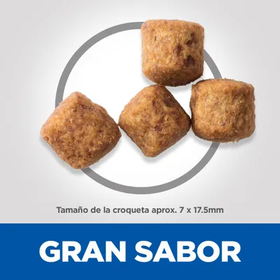 Croquetas de pienso para mascotas, tamaño aproximado 7 x 17,5 mm. Texto visible: GRAN SABOR.