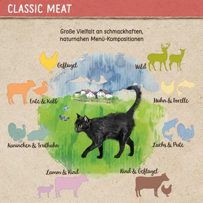 Classic Meat: Grosse Vielfalt an schmackhaften, naturnahen Menü-Kompositionen. Zutaten: Geflügel, Wild, Ente & Kalb, Huhn & Forelle, Kaninchen & Truthahn, Lachs & Pute, Lamm & Kind, Rind & Geflügel.