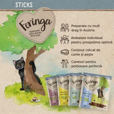 Feringa Sticks pentru pisici, preparate în Austria, ambalate individual, conținut ridicat de carne și pește, caneluri pentru porționare; sortimente: Turkey with Lamb, Chicken with Duck, Rabbit, Salmon & Trout.