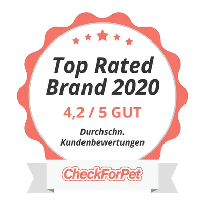 Top Rated Brand 2020, 4,2 / 5 GUT, Durchschnittliche Kundenbewertungen, CheckForPet (besedilo v nemščini in angleščini)