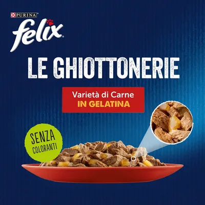 Purina Felix Le Ghiottonerie, varietà di carne in gelatina, senza coloranti. Immagine di bocconcini di carne su piatto rosso con dettaglio dell'aspetto.