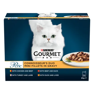 Connoisseur’s Duo Mini Fillets in Gravy, 12 x 85g. Flavours: chicken and beef, turkey and lamb, beef and duck, duck and liver.