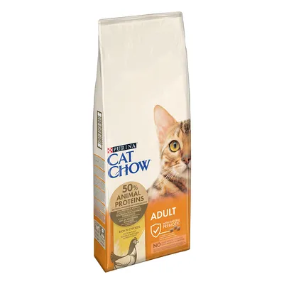 Sac de croquettes Purina Cat Chow Adult, 50 % animal proteins, riche en poulet, with natural prebiotic, sans arômes artificiels, pour chats adultes. Image d’un chat sur l’emballage.