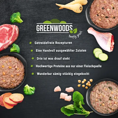 GREENWOODS. Getreidefreie Rezepturen, Eine Handvoll ausgewählter Zutaten, Drin ist was drauf steht, Hochwertige Proteine aus nur einer Fleischquelle, Wunderbar sämig-stückig eingekocht (texte en allemand)