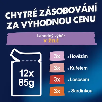Lahodný výber v želé: 12x85 g, z toho 3x s hovädzím, 3x s kuracím, 3x s lososom, 3x so sardinkou. Lahodný výber v želé: 12x85 g, z toho 3x s hovädzím, 3x s kuracím, 3x s lososom, 3x so sardinkou.
