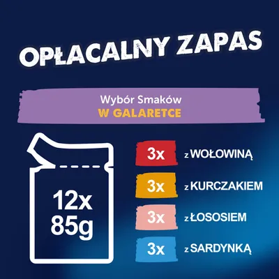 12x85g Wybór w galaretce: 3x z wołowiną, 3x z kurczakiem, 3x z łososiem, 3x z sardynką. Wybór smaków w galaretce. 12x85g Wybór w galaretce: 3x z wołowiną, 3x z kurczakiem, 3x z łososiem, 3x z sardynką. Wybór smaków w galaretce.
