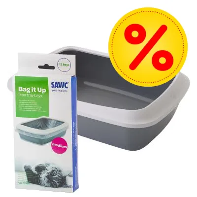 Savic Bag it Up kattlådepåsar, förpackning med 12 st, synlig bredvid en gråvit kattlåda. Gul rabattikon med röd procenttecken uppe till höger.