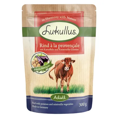 Beef with potatoes and ratatouille vegetables, Mediterranean style, for adults. 300g pouch. Made in Germany.