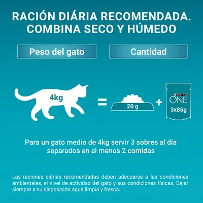 Ración diaria recomendada para gato de 4 kg: 20 g de pienso seco más 3 sobres Purina ONE 3x85g al día, en al menos 2 comidas. Combina seco y húmedo. Ración diaria recomendada para gato de 4 kg: 20 g de pienso seco más 3 sobres Purina ONE 3x85g al día, en al menos 2 comidas. Combina seco y húmedo.
