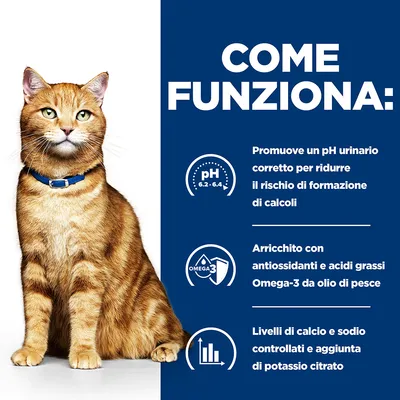 COME FUNZIONA: Promuove un pH urinario corretto, arricchito con antiossidanti e Omega-3 da olio di pesce, livelli di calcio e sodio controllati, aggiunta di potassio citrato.
