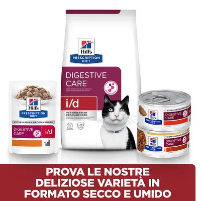 Hill's Prescription Diet Digestive Care i/d per animali, confezioni di cibo secco e umido. Testo: Prova le nostre deliziose varietà in formato secco e umido.